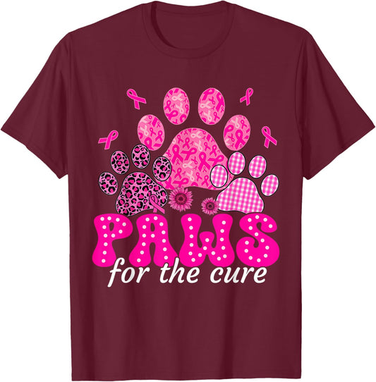 Paws for The Cure Dog Lover Pink Ribbon Breast Cancer Retro T-Shirt - T-Shirt | Maroon