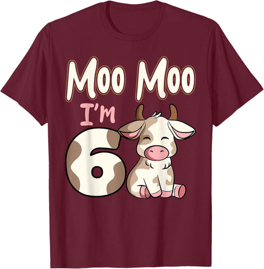 Cow 6th Birthday Party Farmer Moo Barn Animal Farmyard Vet T-Shirt - T-Shirt | Maroon