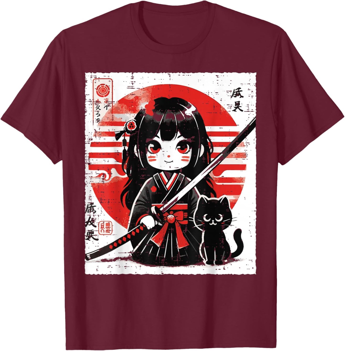 Japanese Samurai Girl Black Cat Kawaii Anime Women Girls Kid T-Shirt - T-Shirt | Maroon