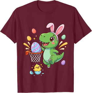 Dino Bunny Happy Funny Egg Toddler Kids Outfit Boys Easter T-Shirt - T-Shirt | Maroon