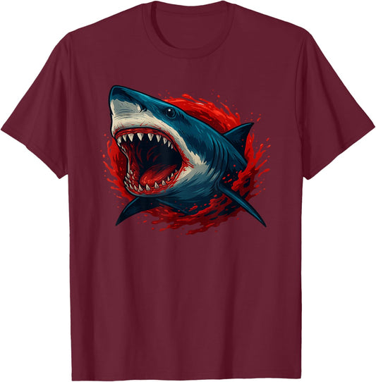 Scary Great White Shark Ocean Horror Graphic T-Shirt - T-Shirt | Maroon