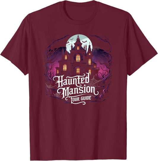Halloween Haunted Mansion Tour Guide: Spooky Night Awaits T-Shirt - T-Shirt | Maroon