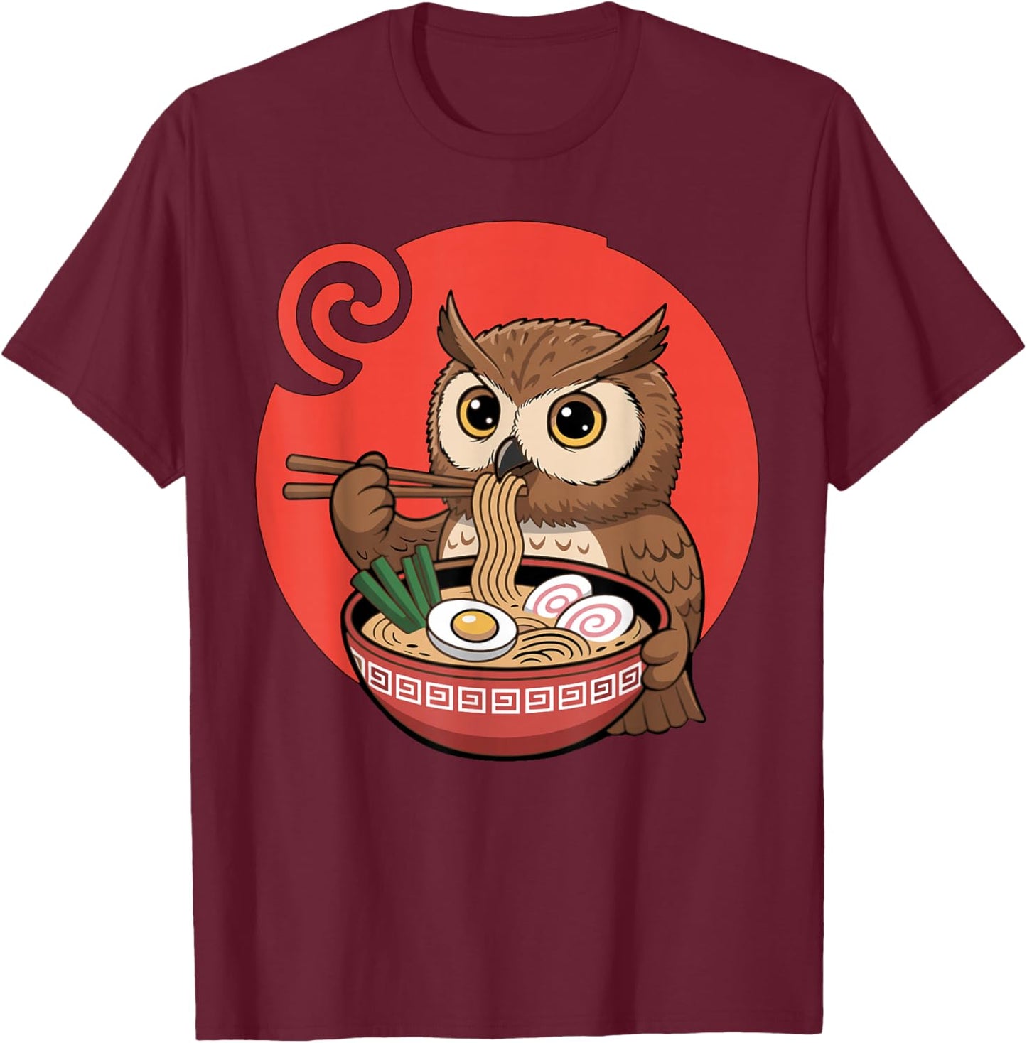 Kawaii Owl Ramen Owl Eating Noodles Japanese T-Shirt - T-Shirt | Maroon