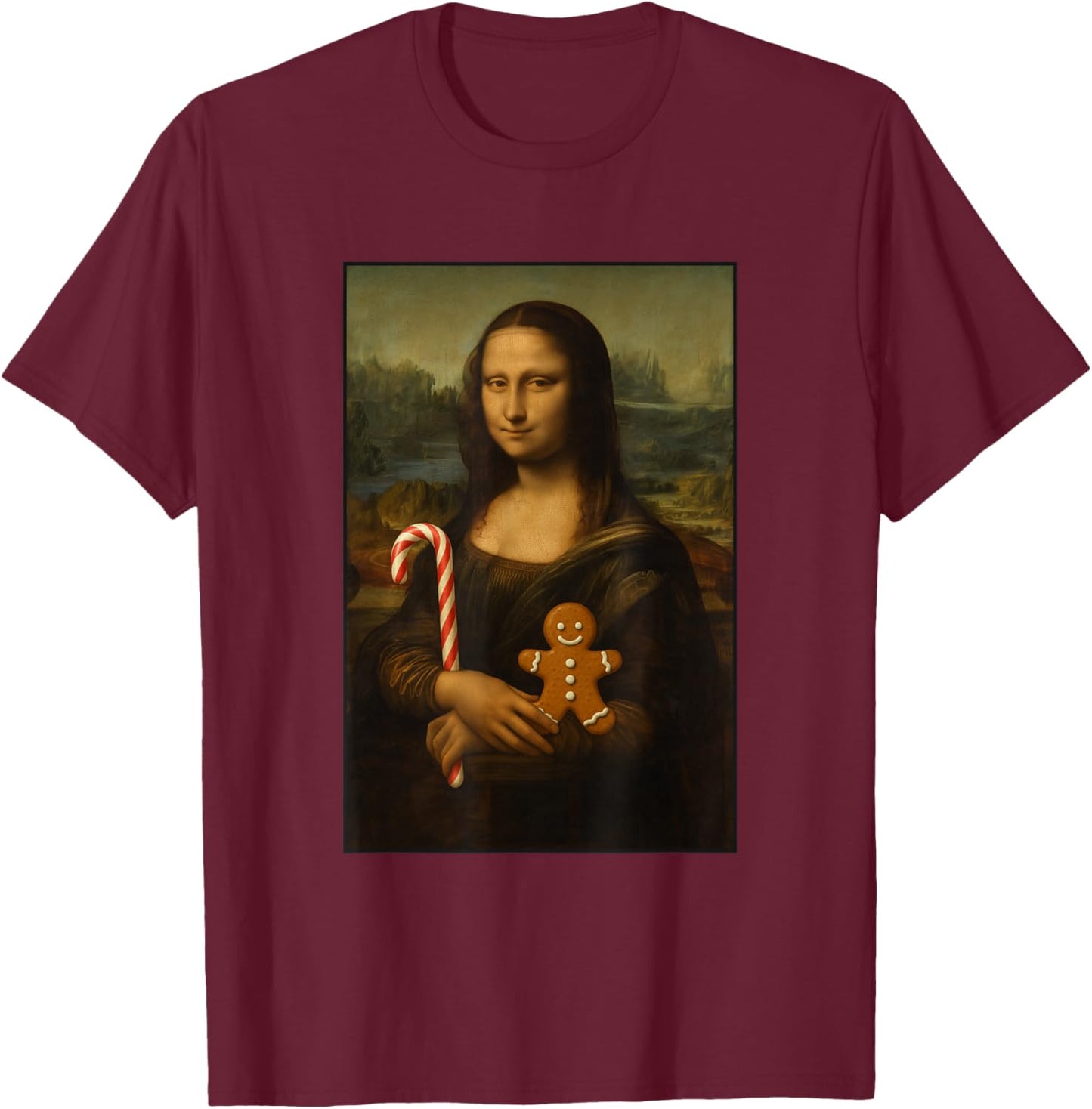 Mona Lisa Candy Gingerbread Cane Funny Christmas Art T-Shirt - T-Shirt | Maroon