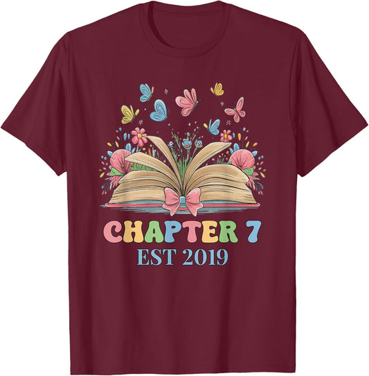 Chapter 7 Years Old 7th Birthday Butterfly Bow Book Lover T-Shirt - T-Shirt | Maroon