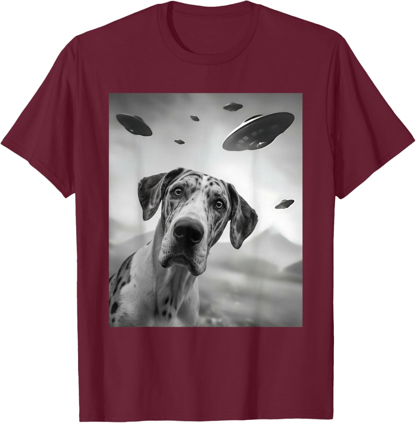 Funny Harlequin Great Dane Dog UFO T-Shirt - T-Shirt | Maroon