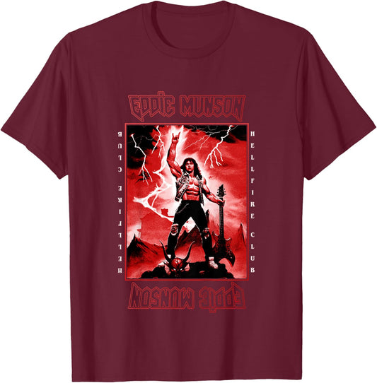 Stranger Things 4 Eddie Munson Lightning Guitar Power T-Shirt - T-Shirt | Maroon