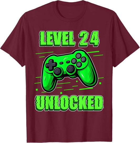 Gaming Level 24 Unlocked Video Games 24th Gamer Birthday T-Shirt - T-Shirt | Maroon