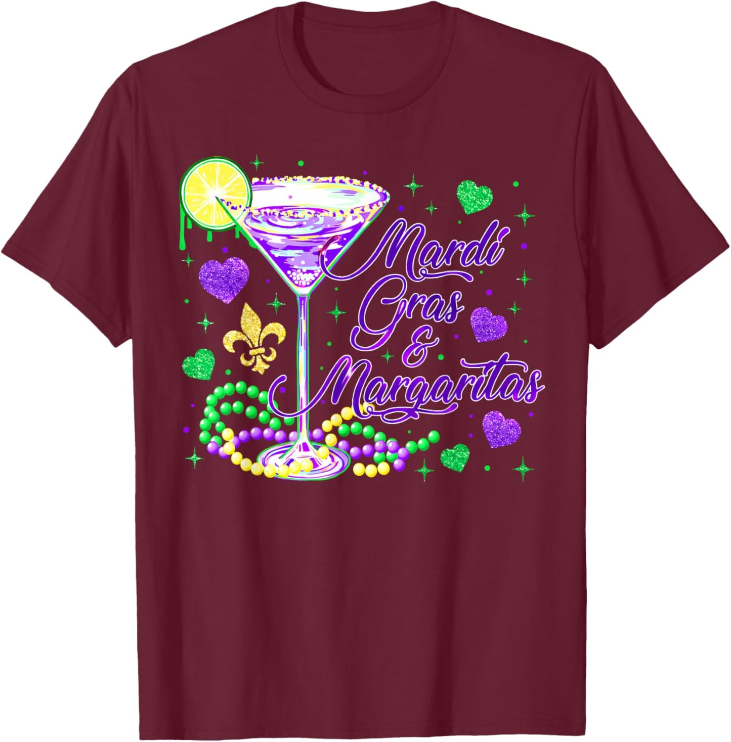 Mardi Gras Margaritas Carnival Beads Cocktail Drinking Party T-Shirt - T-Shirt | Maroon