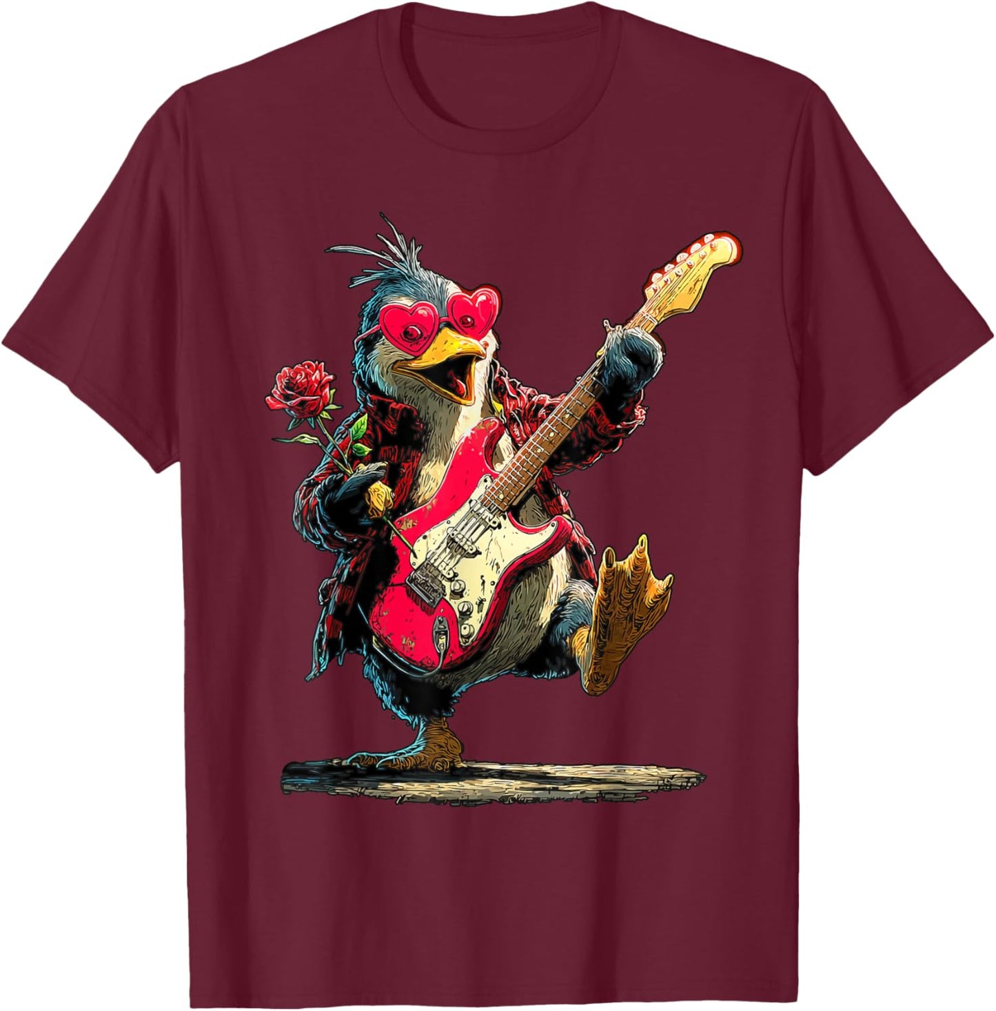 Cute Penguin Playing Guitar Guitarist Animal Valentine’s Day T-Shirt - T-Shirt | Maroon