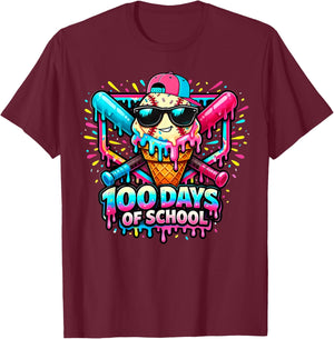 Baseball Ice Cream Drip 100 Days of School Boys Girls 100th T-Shirt - T-Shirt | Maroon