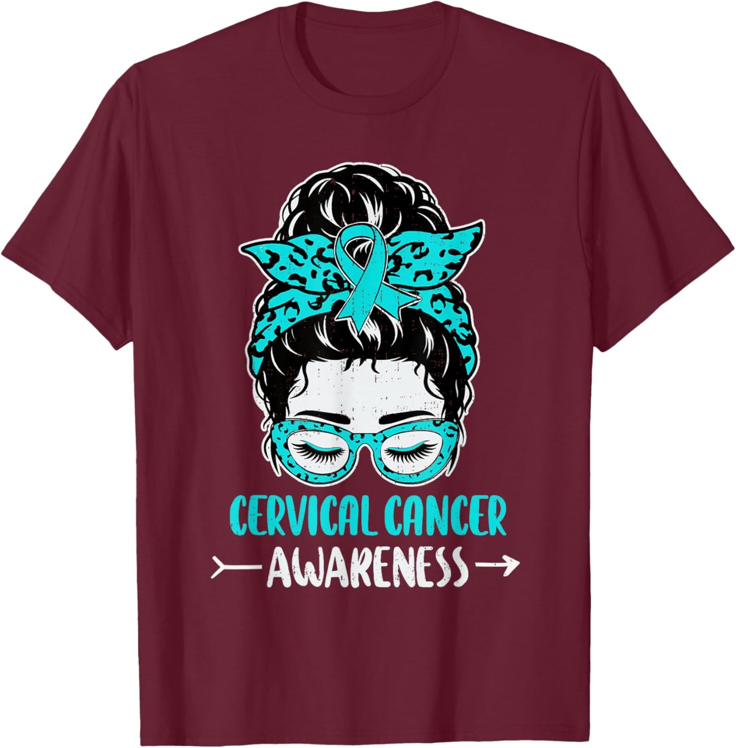 Cervical Cancer Awareness Messy Bun Ribbon Teal T-Shirt - T-Shirt | Maroon