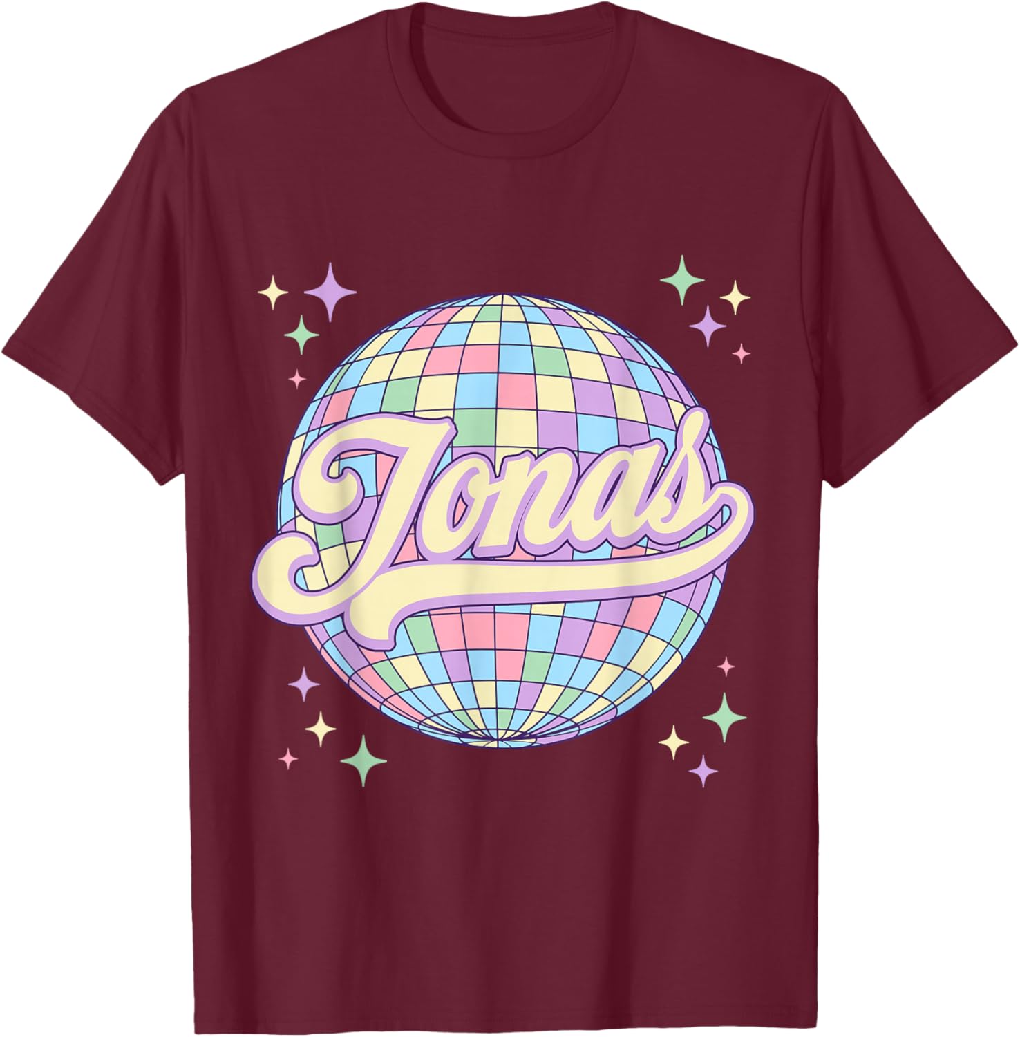 Retro Jonas First Name Personalized Disco 80s Birthday T-Shirt - T-Shirt | Maroon
