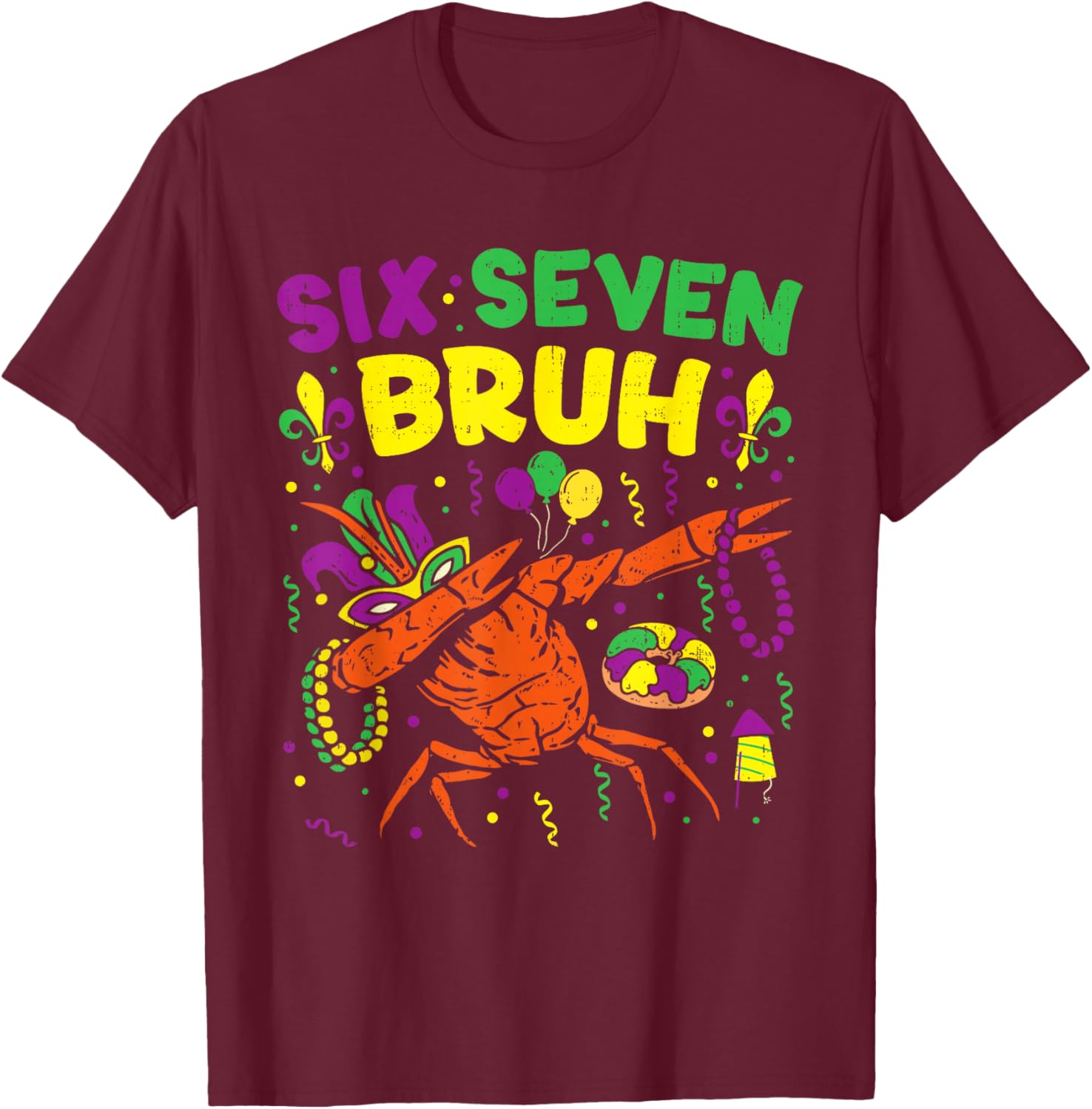 Boy Mardi Gras Six Seven Bruh Dabbing Crawfish Beads Kids T-Shirt - T-Shirt | Maroon