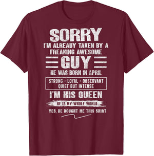 I'm Taken by Freaking Awesome Guy Born in April On Back T-Shirt - T-Shirt | Maroon