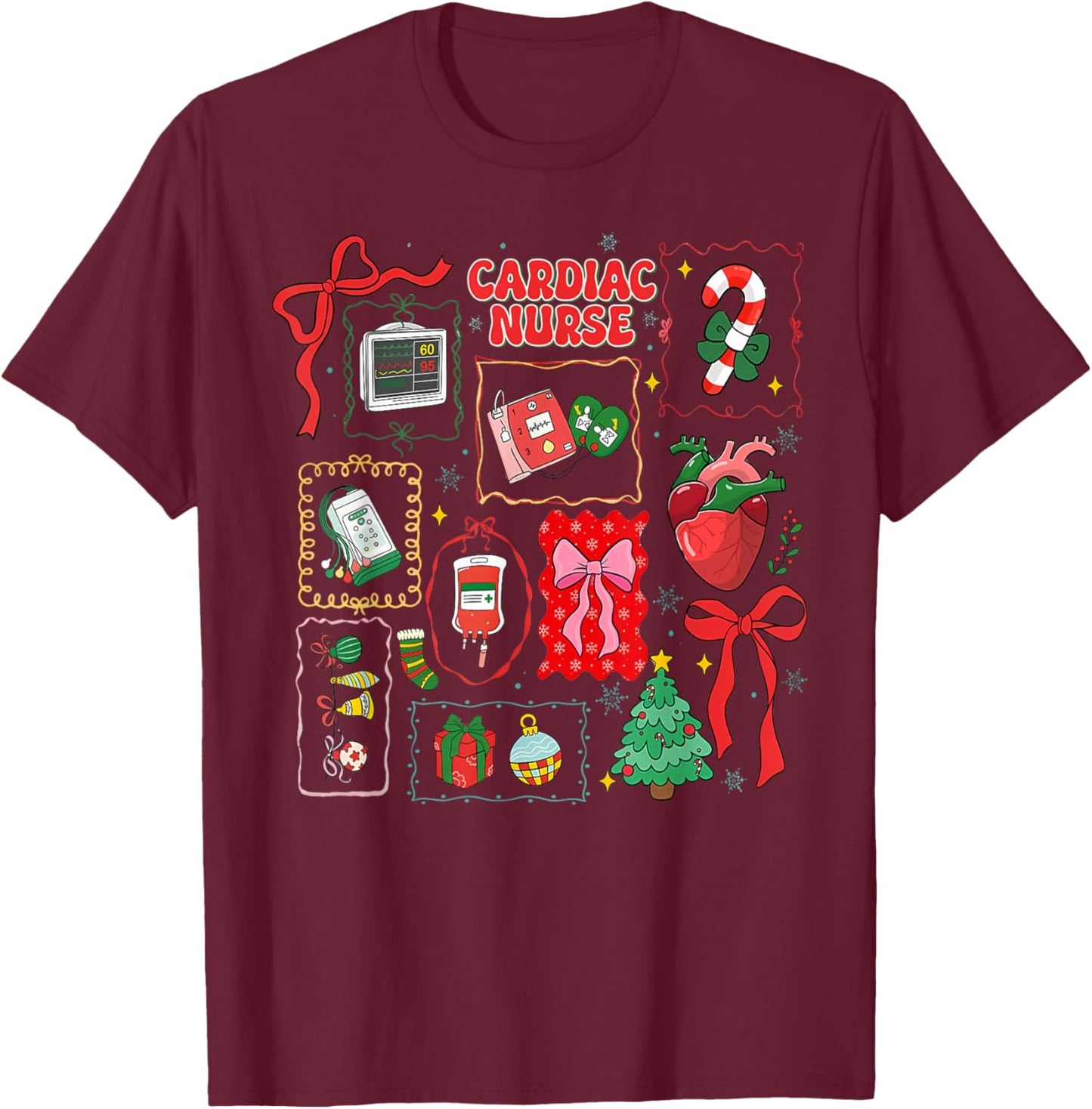 Stamp Bow Christmas Cardiac Nurse Heart Anatomy CVICU Crew T-Shirt - T-Shirt | Maroon