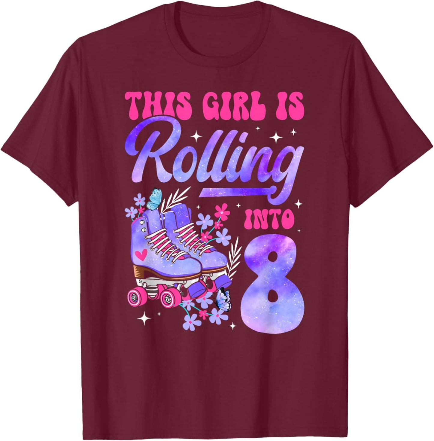 8th Roller Skate Birthday Eight Year Old Roller Skating Girl T-Shirt - T-Shirt | Maroon