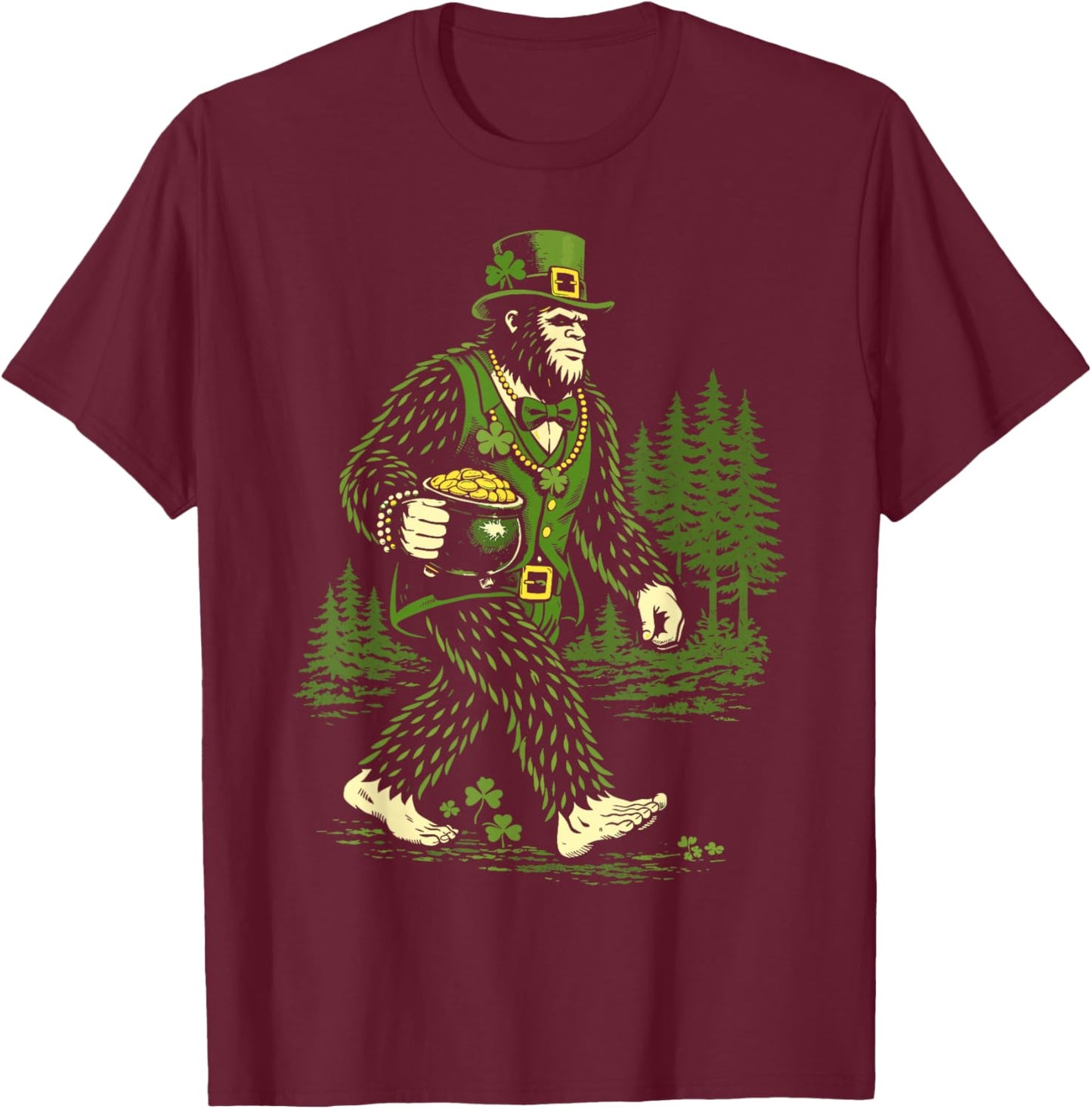 Bigfoot St Patrick's Day Shamrock Sasquatch Leprechaun T-Shirt - T-Shirt | Maroon