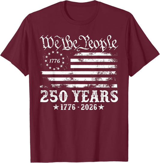 Vintage 250 Years American Flag 1776 2026 250th USA Birthday T-Shirt - T-Shirt | Maroon