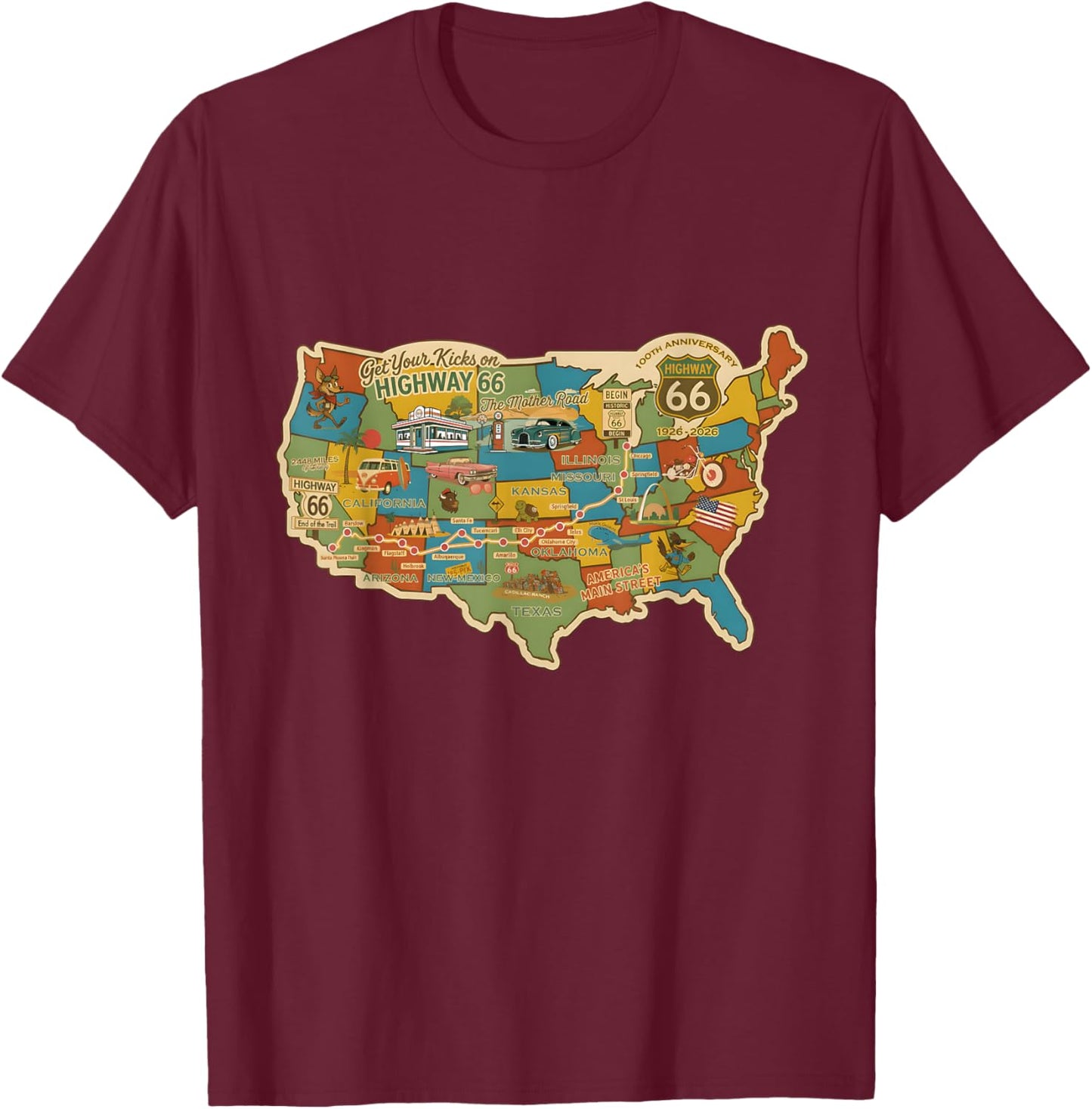 100th Anniversary Americana Highway Travel Map 1926 2026 T-Shirt - T-Shirt | Maroon