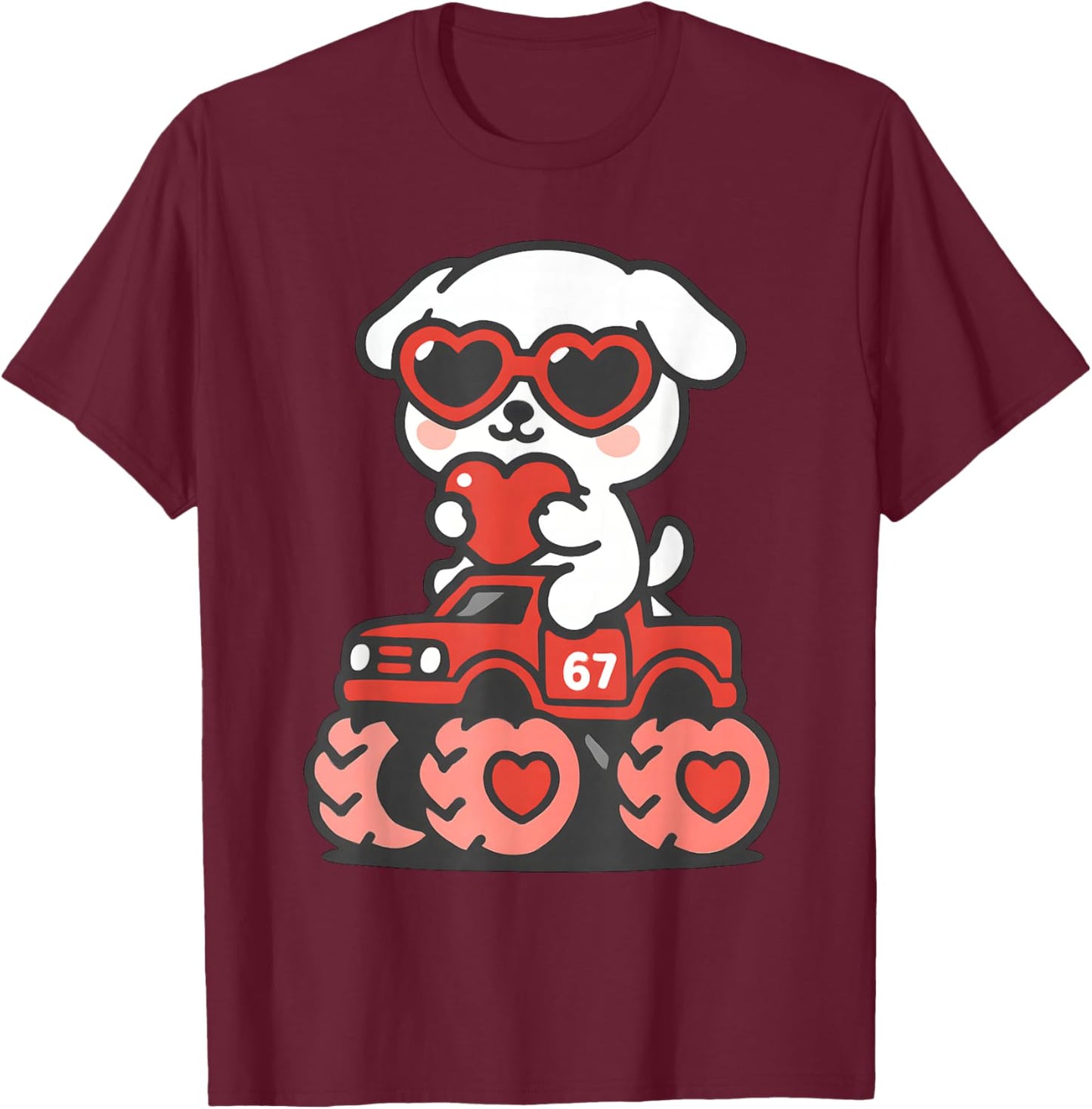 Valentines Day Kawaii Dog Riding Truck Funny Puppy Vday T-Shirt - T-Shirt | Maroon