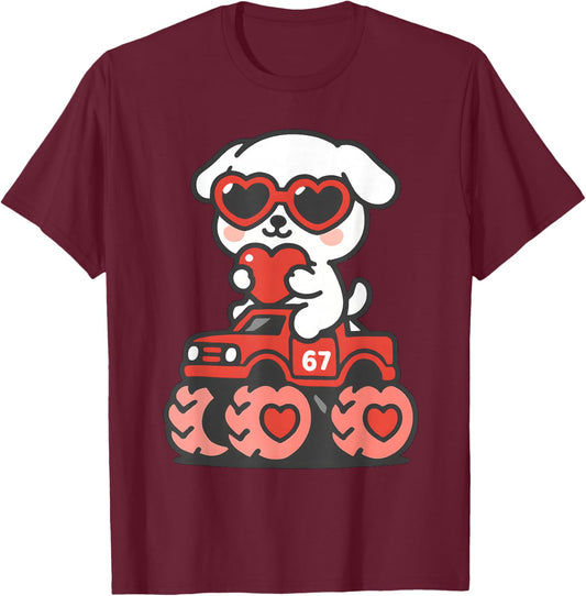 Valentines Day Kawaii Dog Riding Truck Funny Puppy Vday T-Shirt - T-Shirt | Maroon