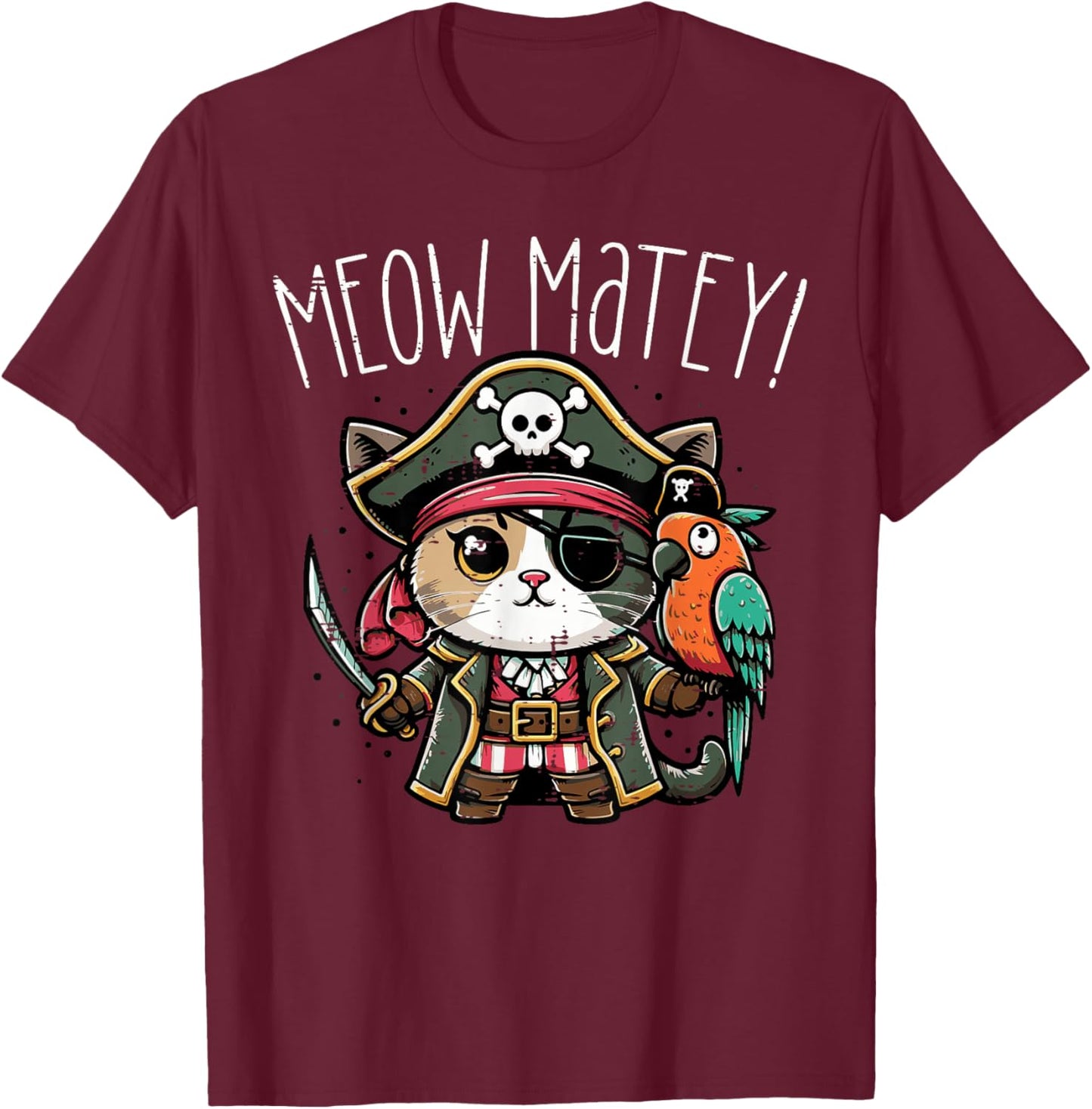 Pirate Cat Meow Matey Cute Kitten Kitty Girls Kids Women T-Shirt - T-Shirt | Maroon