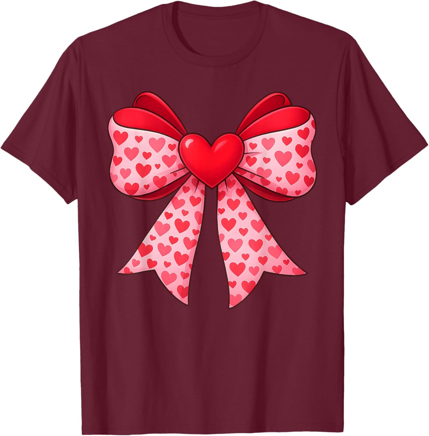Valentine Cute Red Heart Coquette Bow Girl Women Kids T-Shirt - T-Shirt | Maroon