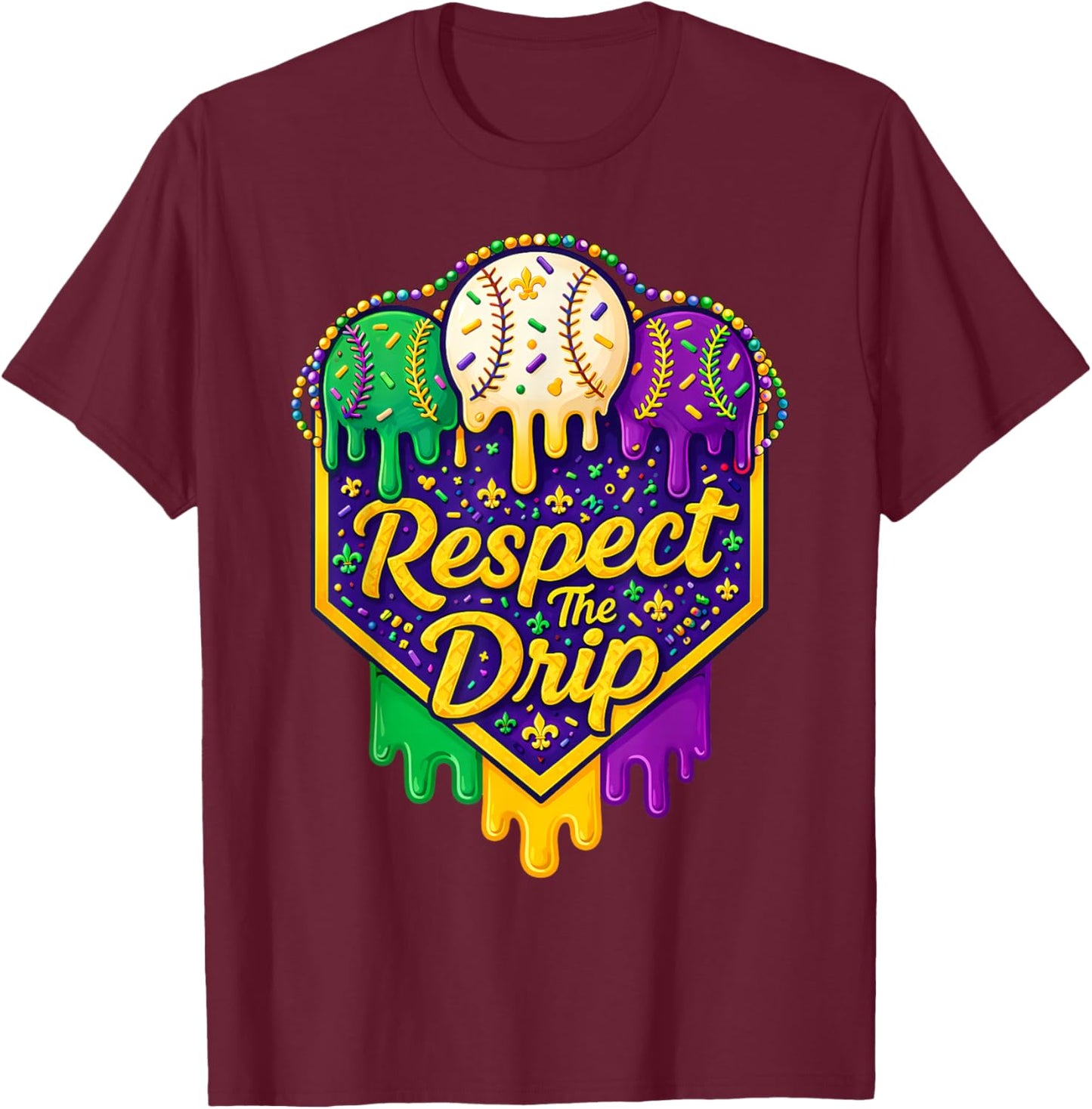 Baseball Ice Cream Respect The Drip Mardi Gras Carnival Boys T-Shirt - T-Shirt | Maroon