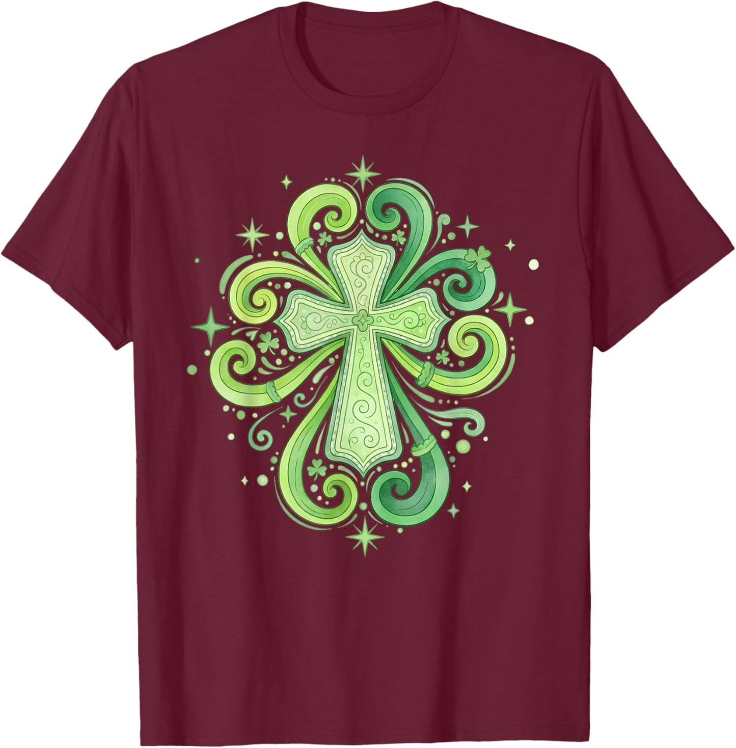 St Patricks Day, Christian, Beautiful Green Celtic Cross T-Shirt - T-Shirt | Maroon