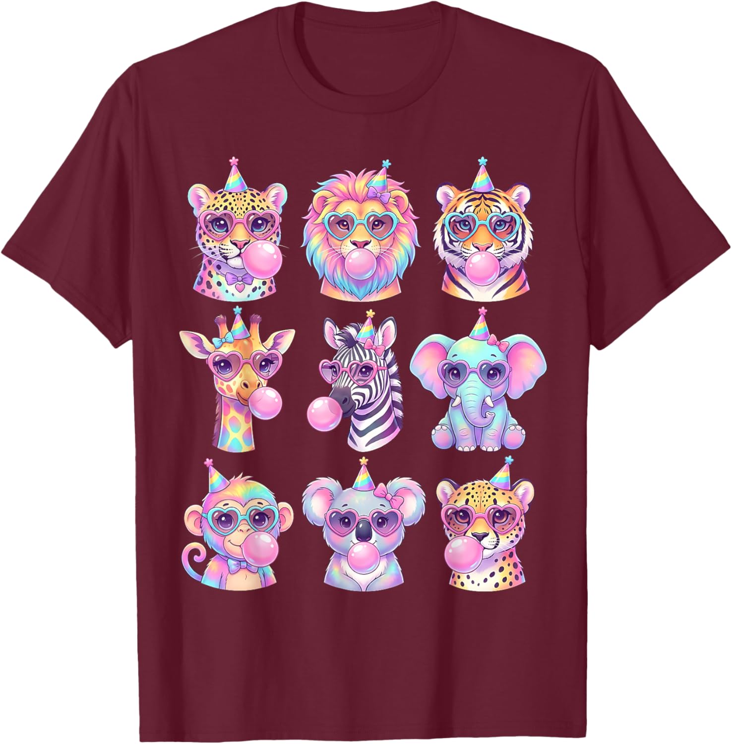 Funny Animals Glasses Blowing Bubble Gum Birthday Wildlife T-Shirt - T-Shirt | Maroon