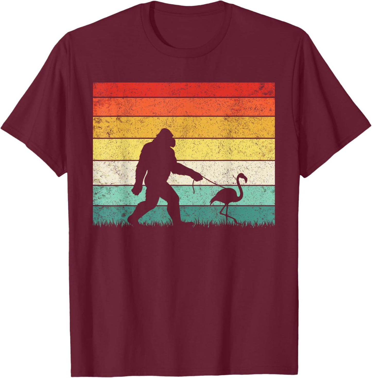 Bigfoot Walking with a Flamingo Cool pet Animal Vintage T-Shirt - T-Shirt | Maroon
