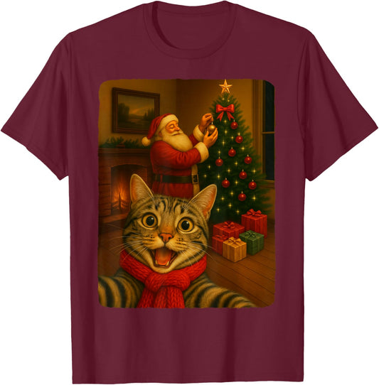 Funny Cute Cat Selfie with Santa Christmas Xmas Women Girl T-Shirt - T-Shirt | Maroon