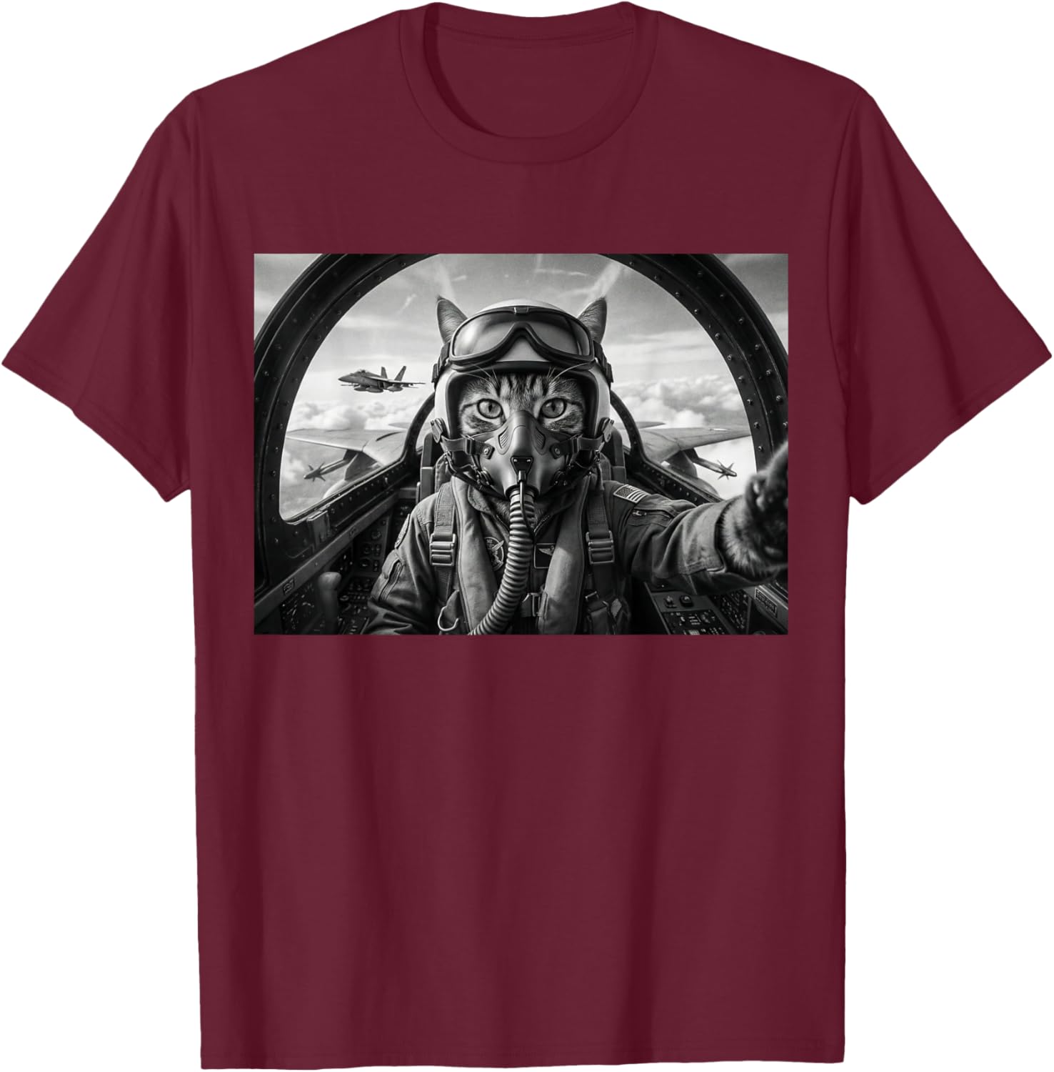 Funny Cat Fighter Pilot Jet Plane Aviator Selfie T-Shirt - T-Shirt | Maroon