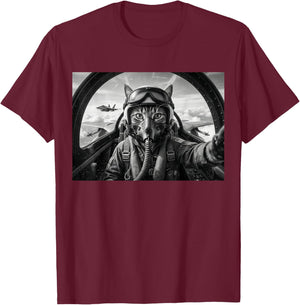 Funny Cat Fighter Pilot Jet Plane Aviator Selfie T-Shirt - T-Shirt | Maroon