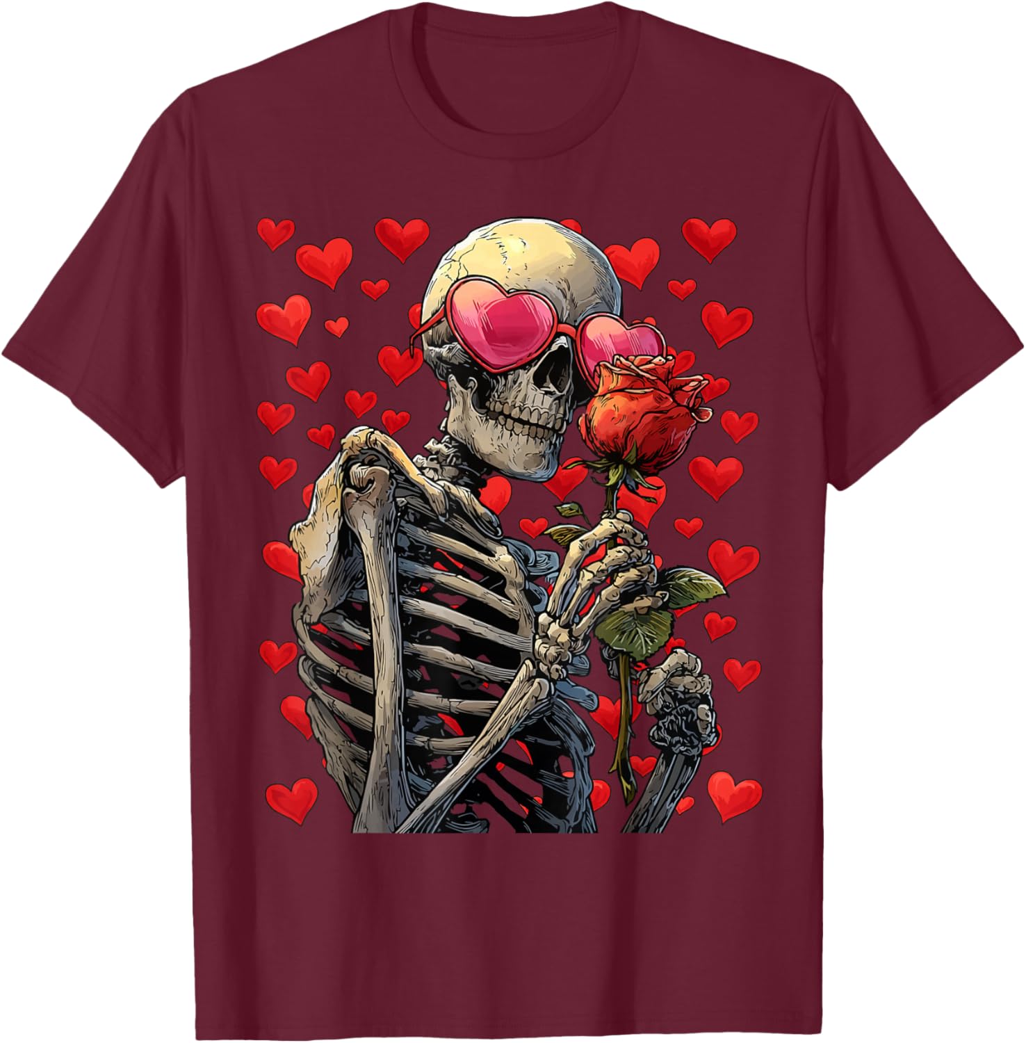 Skeleton with Heart Glasses Rose Gothic Valentine's Day Goth T-Shirt - T-Shirt | Maroon
