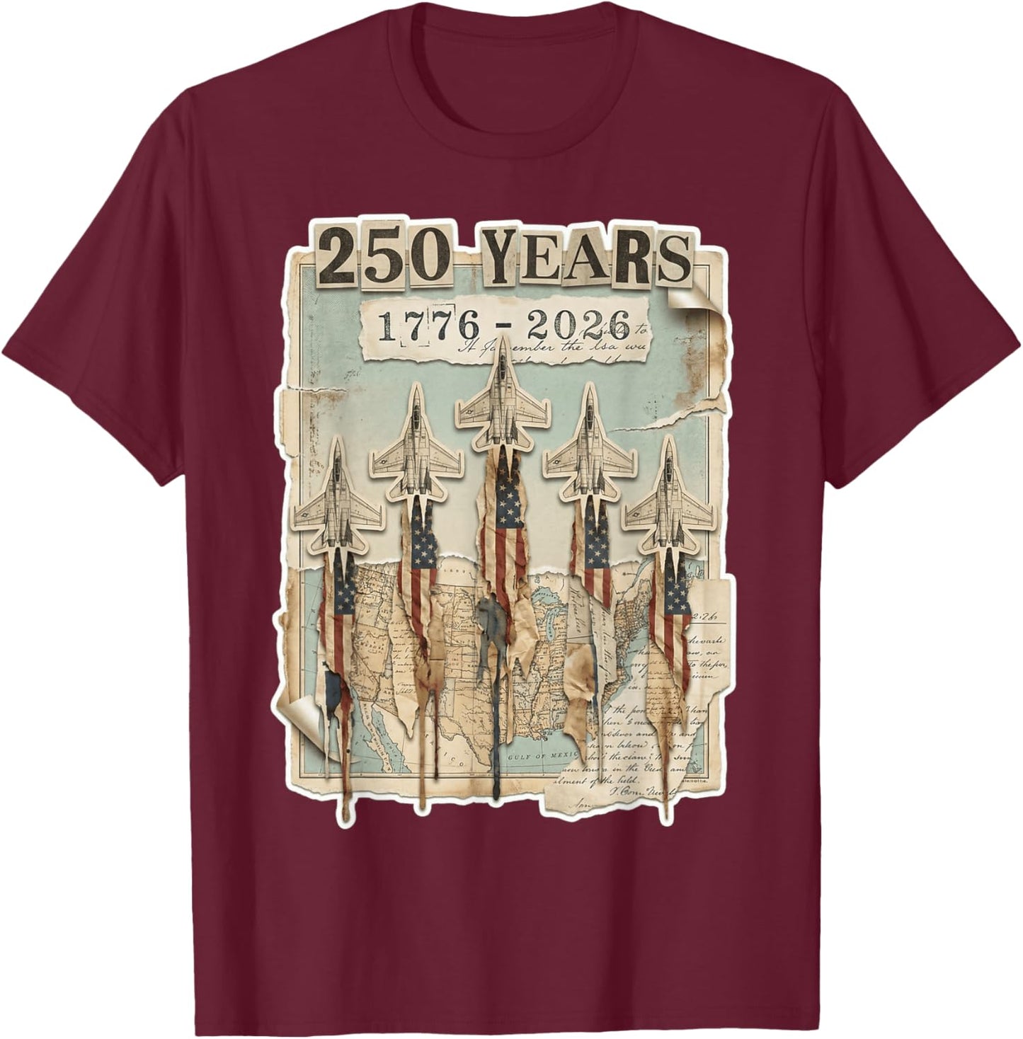 4th of July American Flag Vintage 250 Years 1776 2026 USA T-Shirt - T-Shirt | Maroon