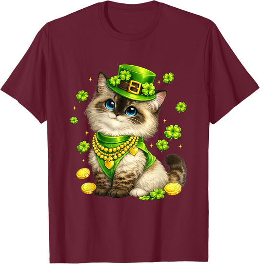 Funny St Patricks Day Ragdoll Cat Leprechaun Hat Shamrock T-Shirt - T-Shirt | Maroon