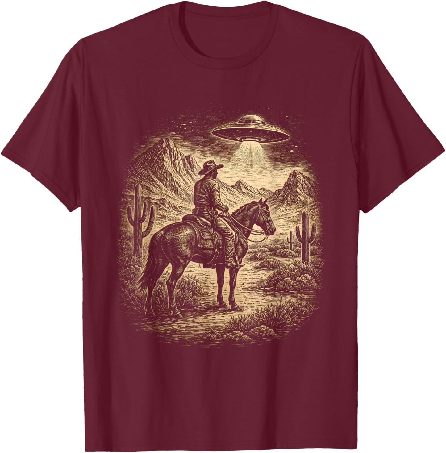 Classic Cowboy UFO Alien Craft Encounter Western Mystery T-Shirt - T-Shirt | Maroon