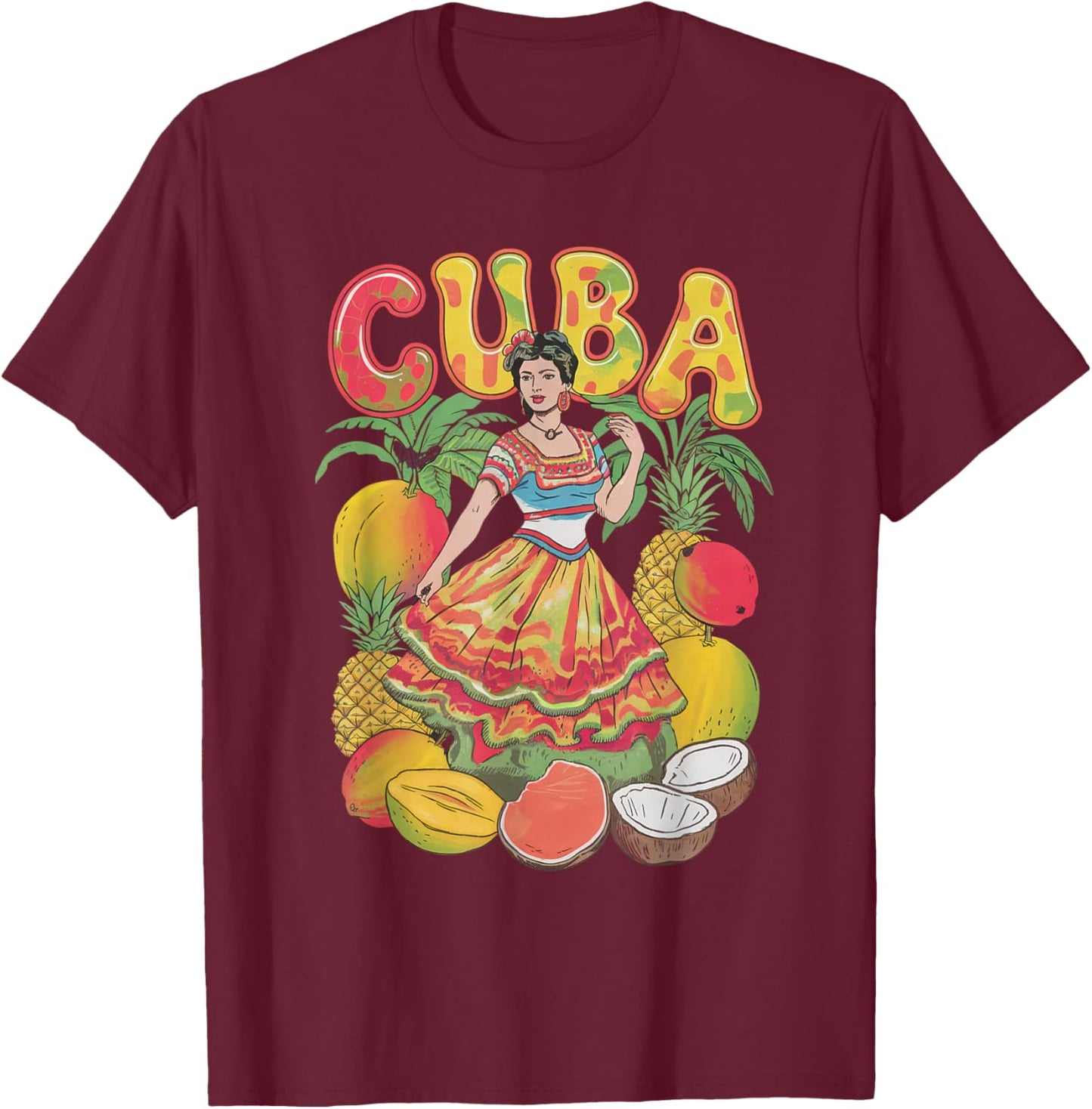 Cuba Cuban Girl Dress Tropical Flowers Heritage T-Shirt - T-Shirt | Maroon