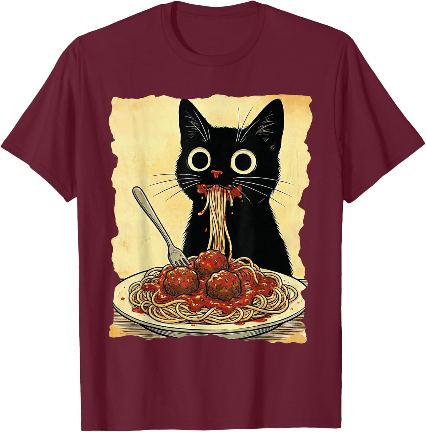 Cat Spaghetti and Meatballs Japanese Kawaii Anime T-Shirt - T-Shirt | Maroon