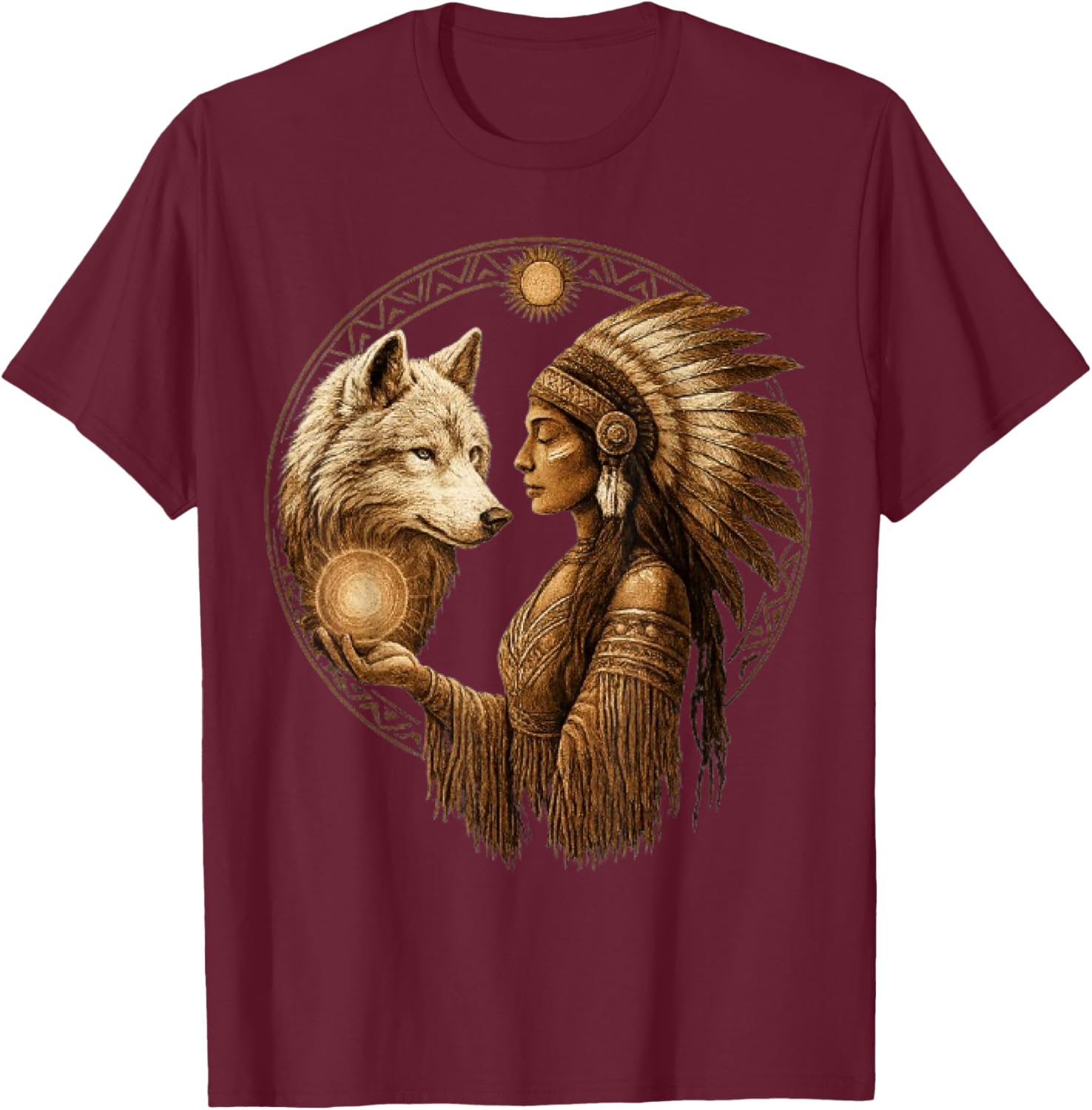 Indian Native American Woman with White Wolf Vintage Gifts T-Shirt - T-Shirt | Maroon