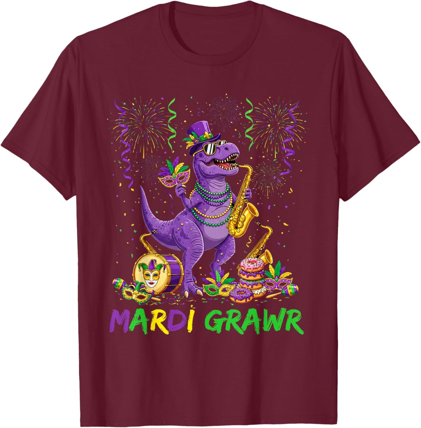 Mardi Grawr T Rex Dinosaur Funny Mardi Gras Men Boy Kid T-Shirt - T-Shirt | Maroon