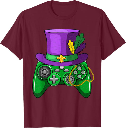Mardi Gras Gamer Controller Jester Hat Gaming Party T-Shirt - T-Shirt | Maroon