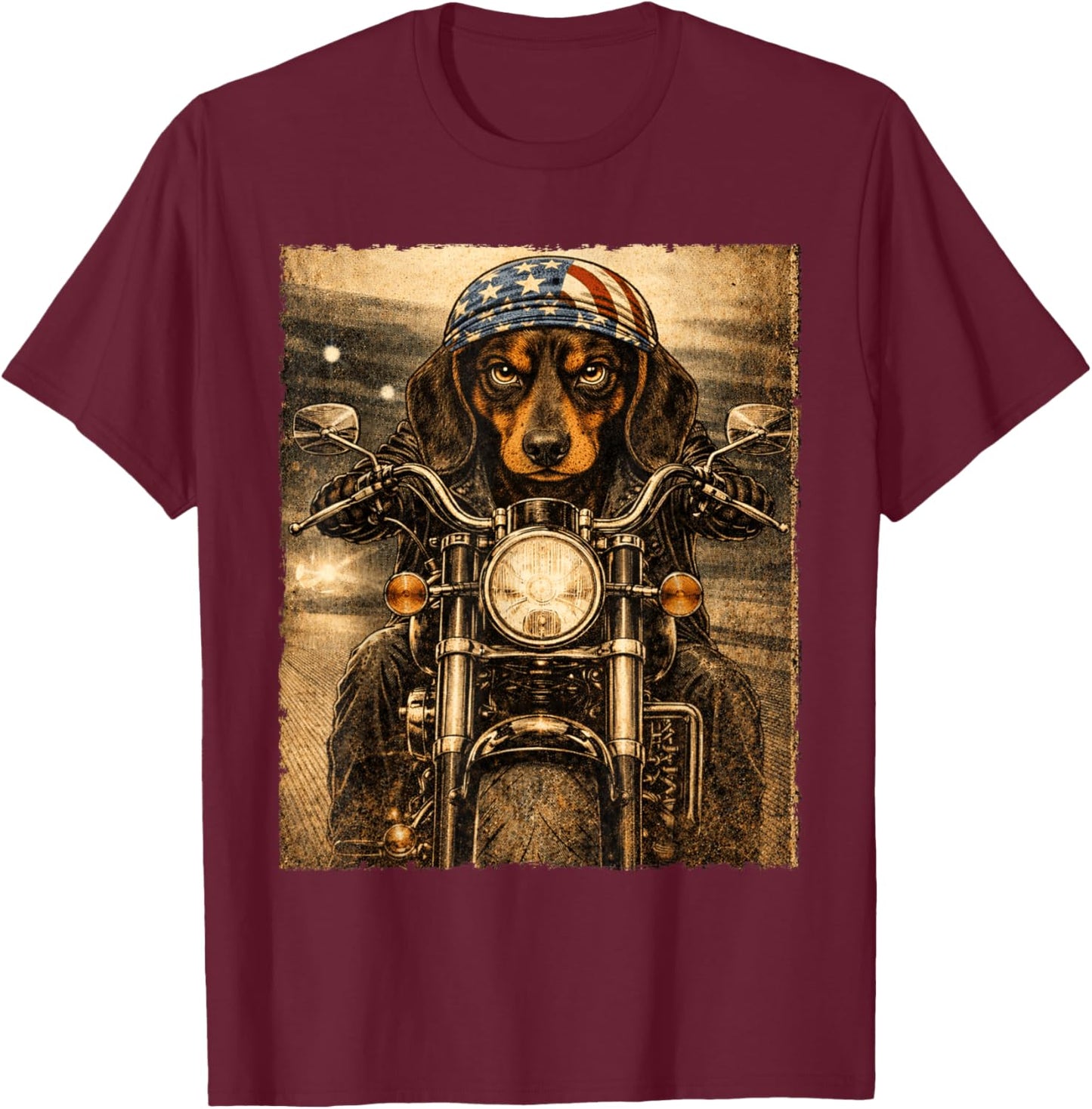 Vintage Dachshund Dog Biker Riding Classic Doxie Motorcycle T-Shirt - T-Shirt | Maroon
