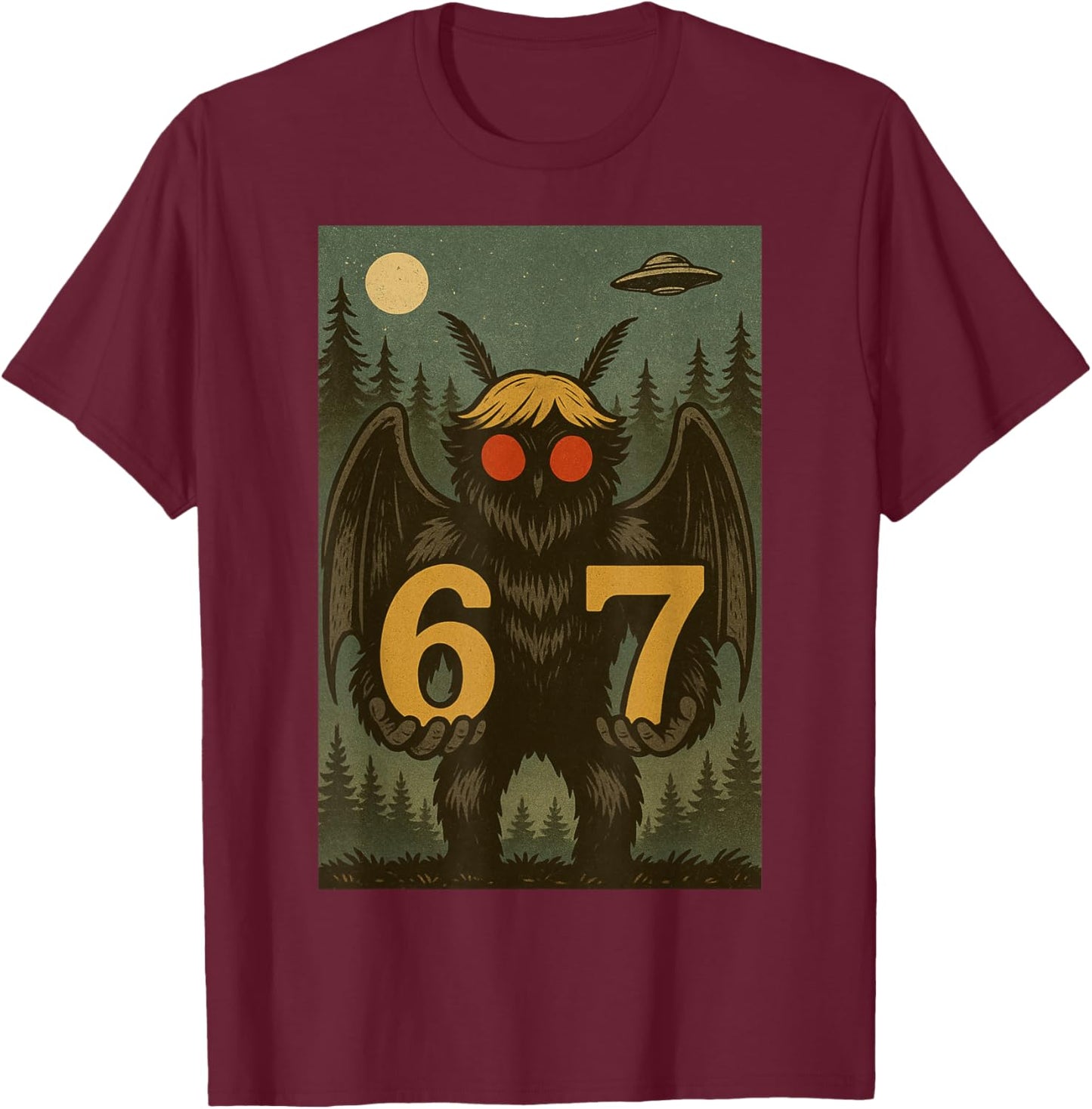 Six Seven Funny Mothman Cryptid 67 Viral Meme Men Women Kids T-Shirt - T-Shirt | Maroon