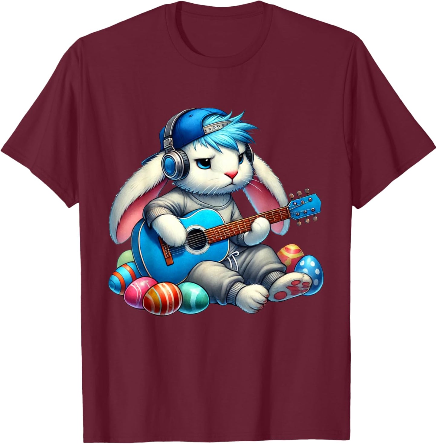 Bunny Playing Acoustic Guitar Easter Rabbit Women Men Kids T-Shirt - T-Shirt | Maroon
