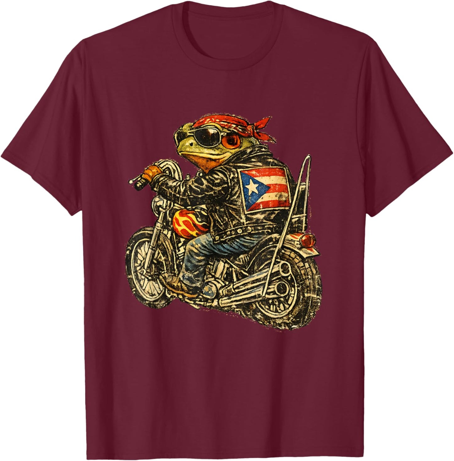 Funny Puerto Rico Biker Toad Motorcycle PR Flag Boricua Ride T-Shirt - T-Shirt | Maroon