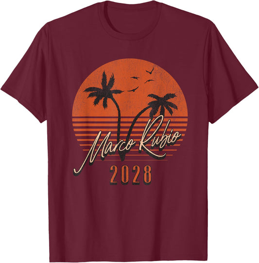 Marco Rubio 2028 Vintage Sunset Palm Tree Retro Election T-Shirt - T-Shirt | Maroon