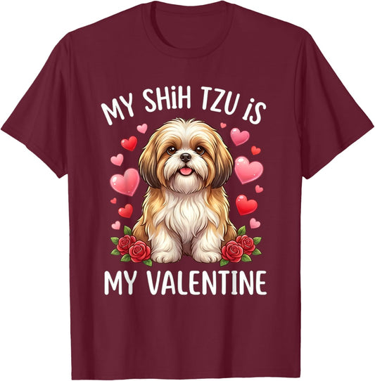 Shih tzu Dog is My Valentine Lover Hearts Valentines Day T-Shirt - T-Shirt | Maroon